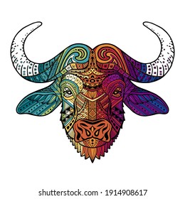 Patterned colorful head of a bull, bison. Abstract ethnic image of african of a buffalo with an unusual ornament. Colorful rainbow decoration painted by hand. Series of animals in the ethnic style.