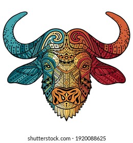 Patterned colorful head of a bull, bison. Abstract ethnic image of african buffalo with an unusual ornament. Colorful rainbow decoration painted by hand. Series of animals in the ethnic style. Vector