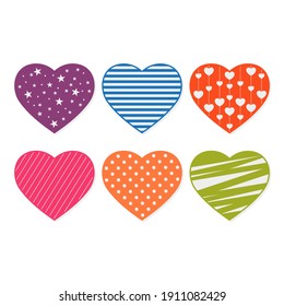 Patterned colorful heart set. Valentines Day hearts for scrapbooking or greeting cards. Vector illustration.