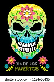 Patterned colorful skull in black background for the day of the Dead. Dia de los Muertos. Vector illustration.