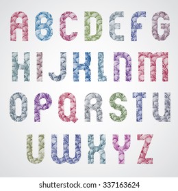 Patterned colorful stylized font, upper case letters. 
