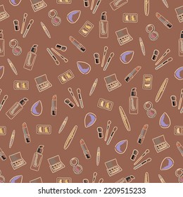 Patterned cosmetics. Tonal cream. Indian ink. Brushes Eye shadows. Tweezers. Pomade. Blush. Highlighter. Sponge.