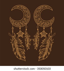 Patterned crescents with stars hanging feathers and beads in a boho style as earrings for women's jewelry