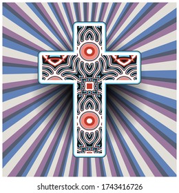 Patterned cross on the background of multi-colored diverging rays. Symbol, emblem, sign, icon. Vector illustration