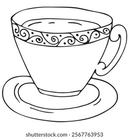 patterned cup with saucer with drink, coffee or cocoa, vector black and white doodle element, coloring book, cute design element