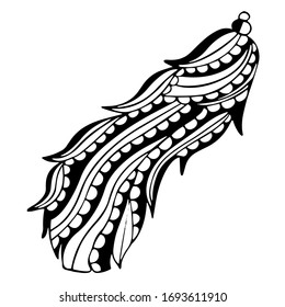 Patterned curved bird feather in black and white with oblique stripes and semicircular inlays. Freehand drawing for a childish or meditative for coloring book, decal or tattoo. Vector.