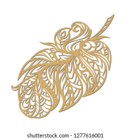 Patterned decorative feather. Laser cut design in ethnic style.