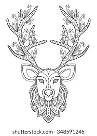 Patterned deer head with big antlers. Vector Illustration