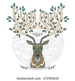 Patterned deer with horns and arrows and leaves. It can be used card, corporate identity, poster, stationery design, t-shirts. Vector illustration. 