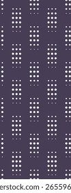 A patterned design featuring alternating rows of small white dots on a dark purple background.