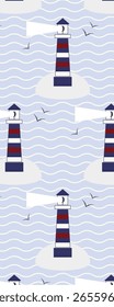 A patterned design featuring a lighthouse on an island with waves and birds, creating a serene coastal atmosphere.
