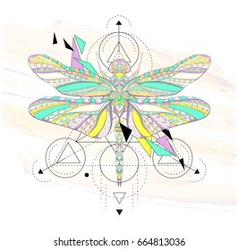 Patterned dragonfly with geometry on the grunge background. African, indian, totem, tattoo design. It may be used for design of a t-shirt, bag, postcard, a poster and so on.  
