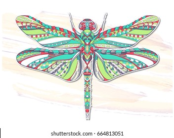 Patterned dragonfly on the grunge background. African, indian, totem, tattoo design. It may be used for design of a t-shirt, bag, postcard, a poster and so on.  