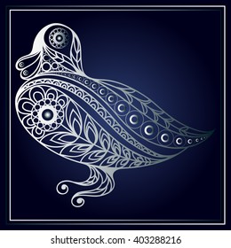 Patterned duck in floral style. Suitable for invitation, flyer, sticker, poster, banner, card,label, cover, web. Vector illustration.
