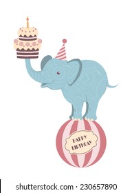 Patterned elephant with cake on the striped ball. Vector background.