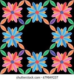Patterned embroidery of light flowers. The embroidered ornament from eight camomiles on a black background for clothes elements