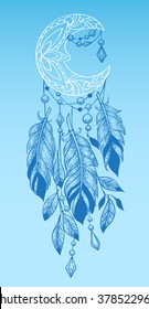 Patterned ethno motifs crescent moon with hanging on it with feathers, crystals, beads and pendants. Dotwork style