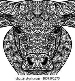 Patterned face of ox. Symbol of 2021. Ornate bull Chinese New Years sign. Tattoo design. Coloring page. It may be used for design of a t-shirt, bag, postcard, a poster and so on. Vector illustration.