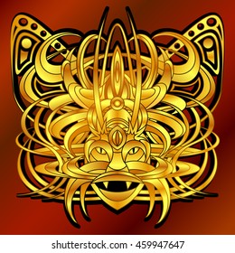 Patterned fantastic creature, deity, demon or an animal resembling a tiger, with a headdress in the form of a butterfly. African, indian, tattoo design. Isolated vector composition.