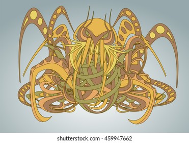 Patterned fantastic creature, deity, demon or an animal resembling a spider or an octopus, consisting of weaves of flexible objects. Tattoo design. Isolated vector composition.