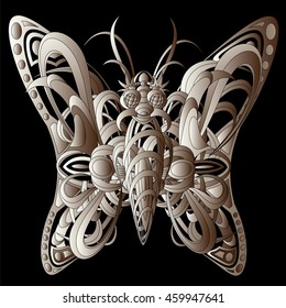 Patterned fantastic creature resembling a butterfly, consisting of interweaving a variety of flexible objects. Isolated vector collapsible composition.