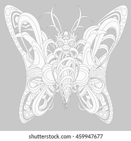 Patterned fantastic creature resembling a butterfly, consisting of interweaving a variety of flexible objects. Isolated vector collapsible composition.