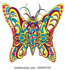 Patterned fantastic creature resembling a butterfly, consisting of interweaving a variety of flexible objects. Isolated vector collapsible composition.