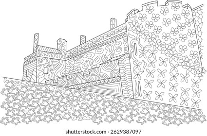 Patterned Fantasy Castle Line Art Illustration, Intricate black and white line art illustration of a fantasy castle or medieval structure featuring complex abstract and floral patterns on the walls