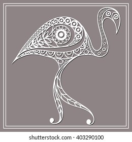 Patterned flamingo in floral style. Suitable for invitation, flyer, sticker, poster, banner, card,label, cover, web. Vector illustration.