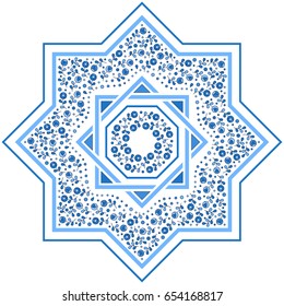 Patterned floor tile. Moroccan pattern design. Eight-ray star. Vector illustration. Moorish mosaic in blue. Small flowers in octagon star shape.