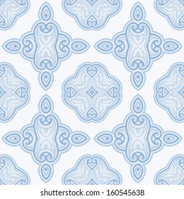 Patterned floor tile in oriental style. Seamless vector background in light blue and white colors.