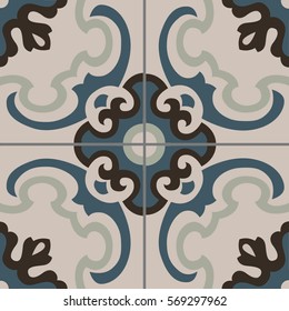 Patterned floor and wall tiles. Modern decor of the traditional encaustic technique. Ceramic decorative tiles. Vintage flower texture.