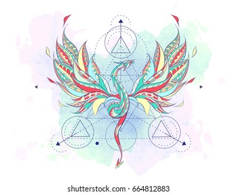 Patterned flying dragon with geometry on the grunge background. Poster with reptile. Tattoo design. It may be used for design of a t-shirt, bag, postcard, a poster and so on.  
