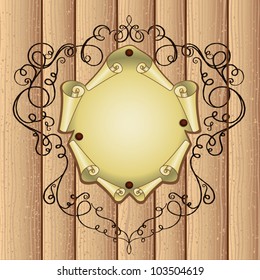 patterned frame with parchment on wooden background