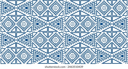 Gemustertes geometrisches Ornament aus sich wiederholenden Formen. Blaue Dreiecke und Rauten, ethnisches Muster.