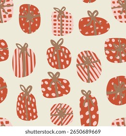 Patterned gift boxes in beautiful gift wraps and bows in colors of red, off pink and sage green on off white background. Christmas seamless vector pattern. Great for homedecor, fabric, wallpaper, gift