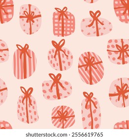 Patterned gift boxes in palette of pinks and reds on off white background forming a cute boxy pattern in winter color palette. Christmas seamless vector pattern. Great for homedecor, fabric, wallpaper