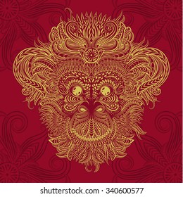 Patterned gold head of the monkey on red background. 2016 New Year Symbol. Tattoo design. Vector illustration.