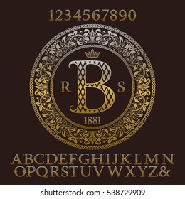 Patterned gold letters and numbers with initial monogram. Elegant patterned font and elements kit for logo design.