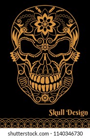 Patterned gold skull in black background. Skull design. Vector illustration.