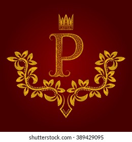 Patterned golden letter P monogram in vintage style. Heraldic coat of arms. Baroque logo template.
