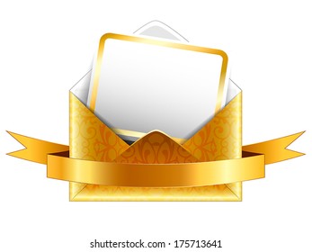Patterned golden paper envelope with a postcard and ribbons on white background. Horizontal vector illustration. Holiday vip invitation. Isolated.
