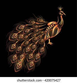 Patterned Golden peacock. African, indian design. It may be used for shirt, bag, postcard and poster.