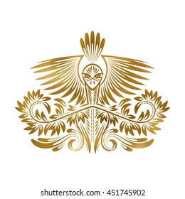 Patterned golden peacock with outstretched wings. Ethnic coat of arms in tribal totem style.