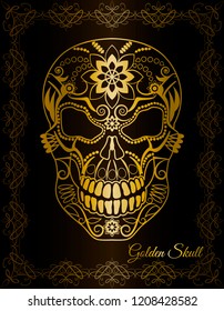 Patterned golden skull in black background for the day of the Dead. Dia de los Muertos. Halloween skull. Vector illustration.