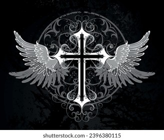 Patterned, gothic, white cross decorated with gray, angelic wings on black textured background. Gothic style. Hand drawn vector art.