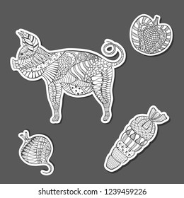 Patterned Grayscale Pig and Veg Made as Stickers Made as Stickers or Paper Carving. Boho, Zentangle, Doodle Style Pattern. Funny Paper Like Car Air Fresheners.