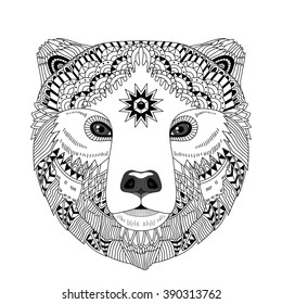 Patterned head of the bear, vector illustration in zentangle style. It may be used for design of a coloring book, t-shirt, bag, postcard, tattoo, poster and so on.