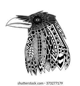 Patterned head of the black raven, vector illustration in zentangle style. It may be used for design of a coloring book, t-shirt, bag, postcard, a poster and so on.