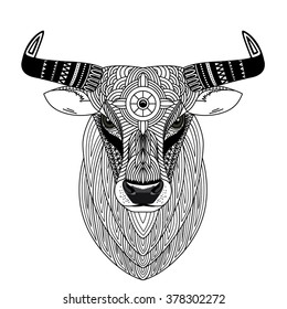 Patterned head of the bull, vector illustration in zentangle style. It may be used for design of a coloring book, t-shirt, bag, postcard, a poster and so on.